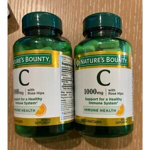 2 Pack Vitamin C + Rose HIPS Immune Support 1000mg Coated Caplets 100 Ct Each